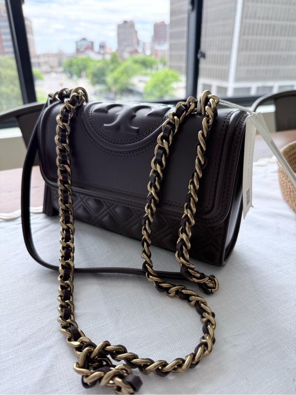 Tory Burch Fleming Barrel Crossbody Bag in Dark Brown Leather with Gold Chain